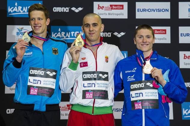 HEINTZ Philip GER Silver Medal (L) CSEH Laszlo HUN Gold Medal PAVONI Roberto GBR Bronze Medal 200m Medley Men Final 32nd LEN European Championships Berlin GiorgioxScala DBM