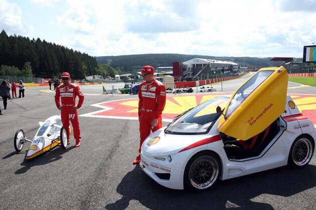 Shell Eco Marathon with Fernando Alonso (ESP) Scuderia Ferrari F14-T and Kimi Raikkonen (FIN) Scuderia Ferrari F14-T Belgian Grand Prix, Spa Francorchamps 