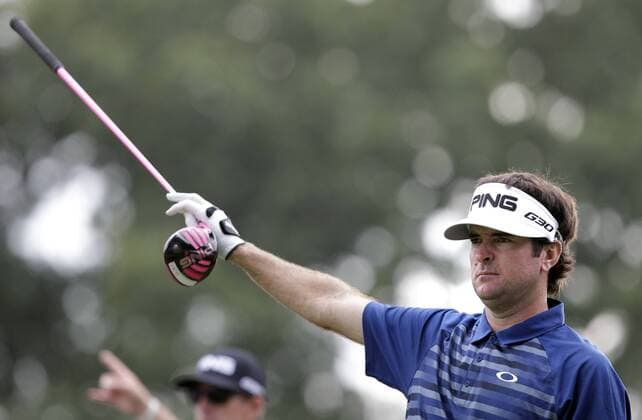 Bubba Watson reacts after his tee shot on hole 13 in the first round at The Barclays at Ridgewood Country Club in Paramus, NJ on August 21, 2014. The Barclays this year returns to the Championship Course at the historic Ridgewood Country Club, site of The Barclays 2008 and 2010 championship.  NYP20140821109