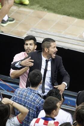 Atletico de Madrid s coach Diego Pablo Cholo Simeone in the middle of the supportes during Supercup of Spain 2nd match.  (20244626)