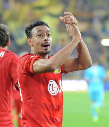 Borussia Dortmund - Bayer 04 Leverkusen 23.08.2014. Karim Bellarabi (LEV), der Schütze des schnellsten Tores der Bundesligageschichte jubelt. HM