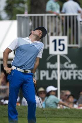 Aug. 23, 2014 - Paramus, New Jersey, U.S - August 23, 2014: Rory McIlroy (NIR) shows his frustration after missing a putt on the 15th hole during the third round of The Barclays Fed Ex Championship at Ridgewood Country Club in Paramus, NJ. Mandatory Credit: Kostas Lymperopoulos csm GOLF 2014: The Barclays Fed Ex Championship AUG 23 - ZUMAc04