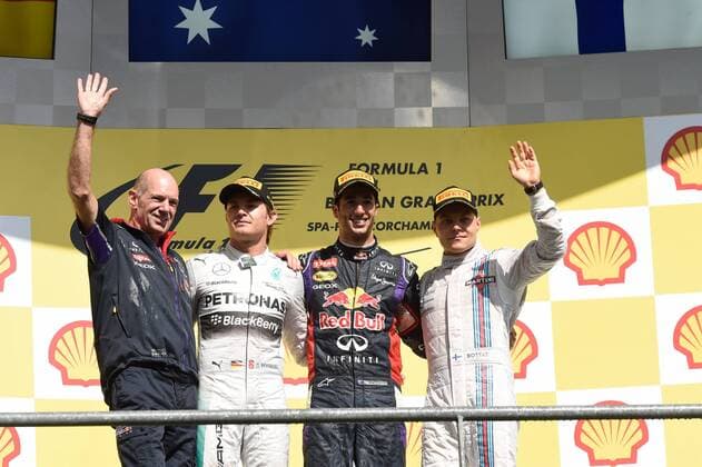 Podium, Nico Rosberg; Mercedes Grand Prix, Sieger Daniel Ricciardo, Red Bull Racing, Valtteri Bottas, Williams F1 Team, formula 1 GP, Belgien in Spa, 24.08.2014 Podium, formula 1 GP, Belgien,