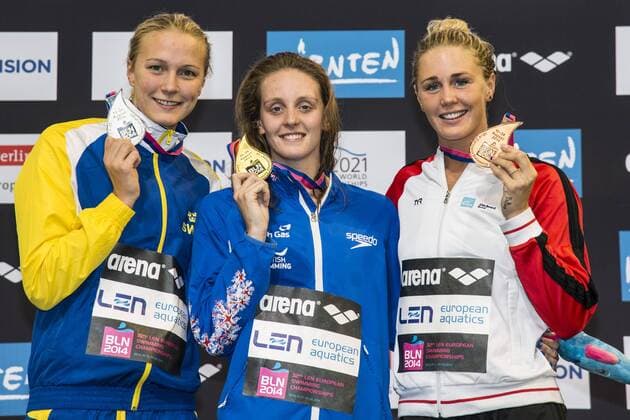SJOESTROEM Sarah SWE Silver Medal (L) HALSALL Francesca GBR Gold Medal OTTESEN Jeanette DEN Bronze Medal 50m Freestyle Women Final 32nd LEN European Championships Berlin GiorgioxScala DBM