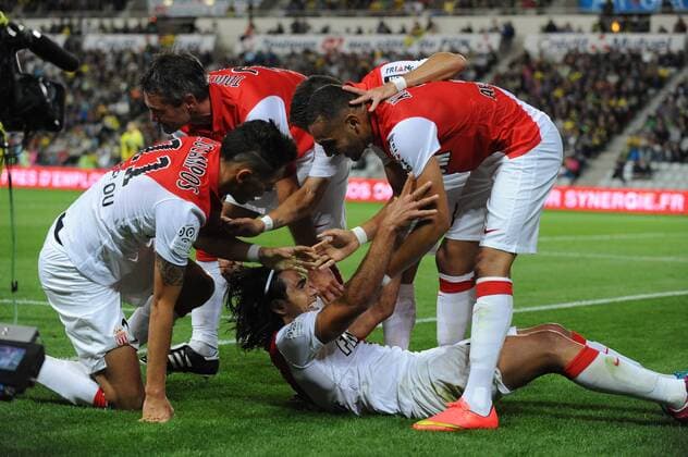 EQUIPE DE FOOTBALL DE MONACO - LAYVIN KURZAWA - JEREMY TOULALAN - RADAMEL FALCAO - LUCAS OCAMPOS - ATTITUDE - JOIE FOOTBALL : Nantes vs Monaco - Ligue 1 - 24 08 2014 N.LeGouic FEP Panoramic 