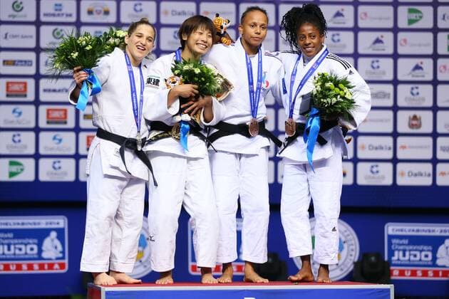 (L-R) Pareto Paula (ARG), Ami Kondo (JPN), Buchard Amandine (FRA), Laborde Maria Celia (CUB), AUGUST 25, 2014 - Judo : 2014 World Judo Championships Women s -48kg Victory Ceremony at Traktor Ice Arena, Chelyabinsk, Russia. Noxthirdxpartyxsales  ( Aufmach20217100)