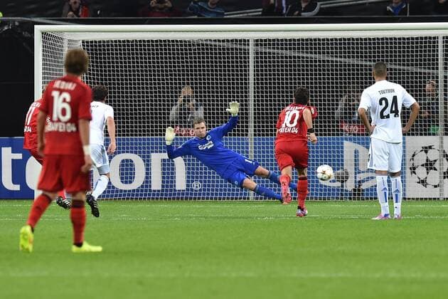 Fußball Champions League Playoff Bayer Leverkusen - FC Kopenhagen am 27.08.2014 in der BayArena in Leverkusen Stefan Kießling ( Leverkusen ) verwandelt einen Elfmeter zum 3:0
