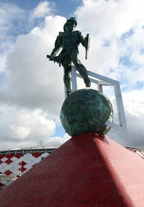 Russia. Moscow. 30 august 2014. Football stadium SPARTAK OTKRYTIE ARENA (Opening of the Arena). All-Star Game FC SPARTAK MOSCOW. Gladiator Spartacus sculpture by sculptor Alexander Rukavishnikov. 