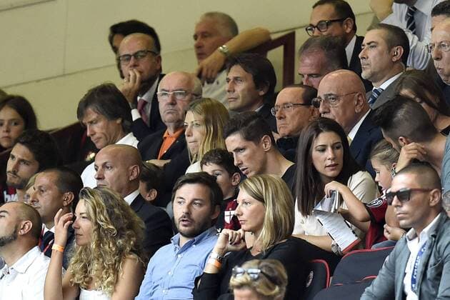 Gabriele Oriali, Tavecchio, Barbara and Silvio Berlusconi, Fernando Torres, Adriano Galliani in tribuna - Mailand 31-08-2014 Stadio Giuseppe Meazza, Football Calcio Serie A AC Mailand vs Lazio Rom andreaxstaccioli