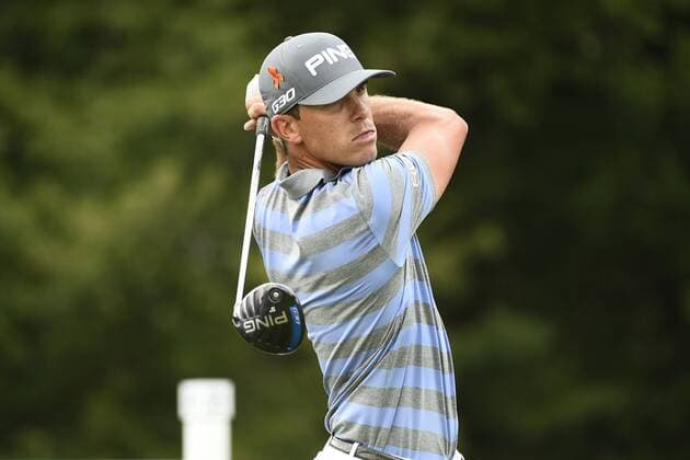 Aug. 31, 2014 - Norton, Massachusetts, USA - August 31, 2014 - Norton, Mass. - Billy Horschel watches the flight of his ball down the 14th fairway during the third round of the PGA Golf Herren FedEx Cup playoffs, Deutsche Bank Championship, held at the Tournament Players Club in Norton Massachusetts. Eric Canha CSM Golf 2014: Deutsche Bank Championship AUG 31 - ZUMAc04