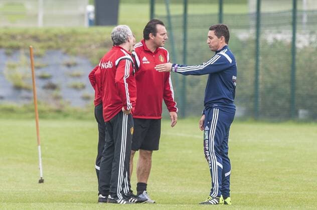 Anderlecht , Belgium September 02 2014 Football Belgian Red Devils Training Red Devils in Neerpede On this picture : Marc Wilmots Besnik Hasi MichelxGouverneur 