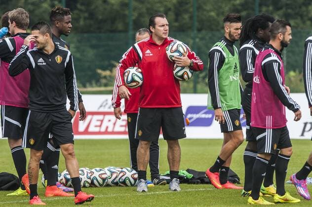 Anderlecht , Belgium September 02 2014 Football Belgian Red Devils Training Red Devils in Neerpede On this picture : Marc Wilmots MichelxGouverneur 