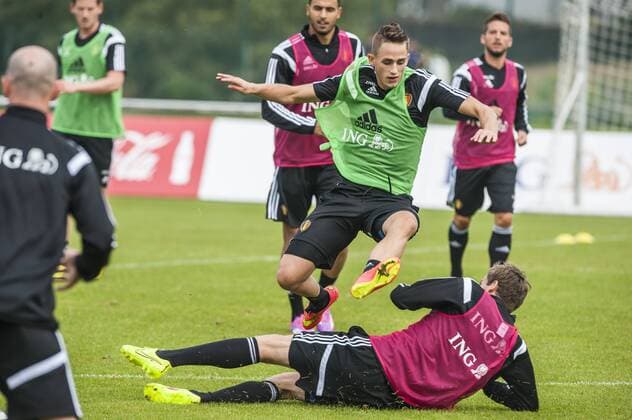 Anderlecht , Belgium September 02 2014 Football Belgian Red Devils Training Red Devils in Neerpede On this picture : Adnan Januzaj Nicolas Lombaerts MichelxGouverneur 
