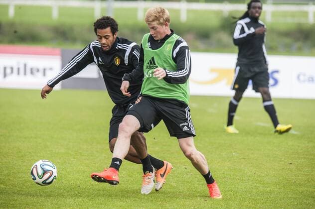Anderlecht , Belgium September 02 2014 Football Belgian Red Devils Training Red Devils in Neerpede On this picture : Moussa Dembele Kevin De Bruyne MichelxGouverneur 