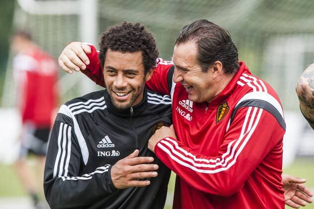 Anderlecht , Belgium September 02 2014 Football Belgian Red Devils Training Red Devils in Neerpede On this picture : Moussa Dembele Marc Wilmots MichelxGouverneur 