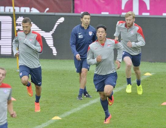 US national team trais prior to the soccer friendly match Czech Republic vs USA on September 2, 2014 in Prague, Czech Republic. Pictured (front from left) defender of Monchengladbach Fabian Johnson, Munchen 1860 forward Bobby Wood and Bolton defender Tim Ream. (CTKxPhoto MichalxDolezal) CTKPhotoOF201409020845301  dol