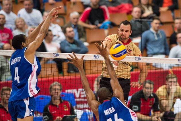 03.09.2014, Spodek, Kattowitz Volleyball, FIVB Volleyball Men s World Championship 2014, Deutschland (GER) vs. Kuba (CUB) Block Doppelblock Javier Ernesto Jimenez Scull ( 4 CUB), Isbel Mesa Sandoval ( 16 CUB) - Angriff Georg György Gyoergy Grozer ( 9 GER)