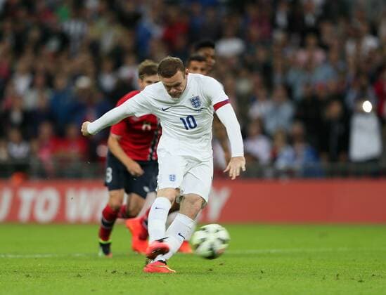 England s Wayne Rooney scoring his sides opening goal - International Friendly - England Vs Norway - Wembley Stadium - England - 3rd September 2014 - Picture David Klein Sportimage EDITORIAL USE ONLY. No use with unauthorised audio, video, data, fixture lists, club league logos or live services. Online in-match use limited to 120 images, no video emulation. No use in betting, games or single club league player publications.