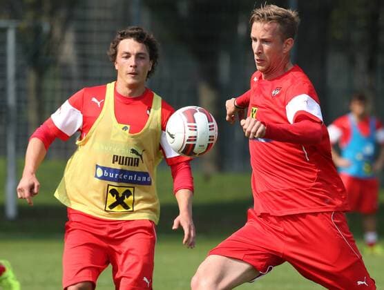 SOCCER - VIENNA,AUSTRIA,04.SEP.14 - SOCCER - training team AUT. Image shows Julian Baumgartlinger and Marc Janko (AUT). 