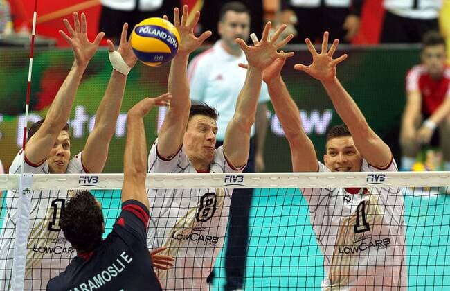 05.09.2014 Katowice(Poland) FIVB Men s Volleyball World Championship Pool B Tunisia-Germany Pool D German triple block Lukas Kampa(L),Marcus Böhme(3L) and Christian Fromm(r) stopped Elyes Karamosli(2L) Tunisia : 