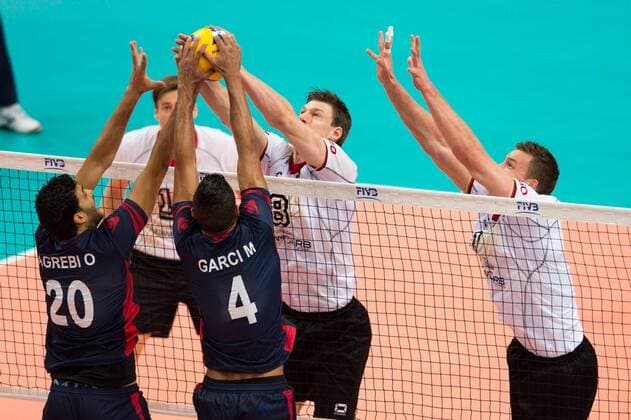 05.09.2014, Spodek, Kattowitz Volleyball, FIVB Volleyball Men s World Championship 2014, Deutschland (GER) vs. Tunesien (TUN) Block Doppelblock Omar Agrebi ( 20 TUN), Marouen Garci ( 4 TUN) - Block Doppelblock Marcus Böhme Boehme ( 8 GER), Denis Kaliberda ( 6 GER)