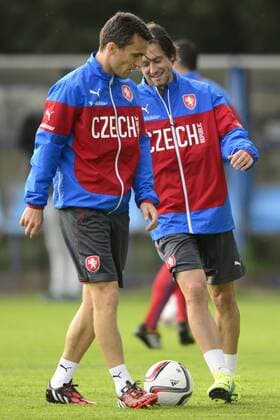 Tomas Rosicky, right, and David Lafata of Czech Republic pictured during the training before the Czech Republic vs Netherlands qualification match for football European Cup, Prague, Czech Republic, September 8, 2014. (CTKxPhoto MichalxKamaryt) CTKPhotoOF201409081346701  kmt 2