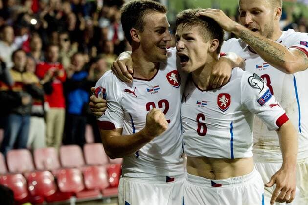 From left: Vladimir Darida, Vaclav Pilar and Michal Kadlec of Czech Republic celebrate a goal during the Czech Republic vs Netherlands qualification match for football European Cup, Prague, Czech Republic, September 9, 2014. (CTKxPhoto MichalxKamaryt) CTKPhotoOF201409100469601  kmt 18