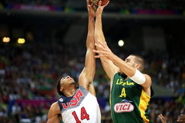 Barcelona, 11.09.2014 - WM 2014 - USA vs Litauen - Anthony Davies and Martynas Pocius - 