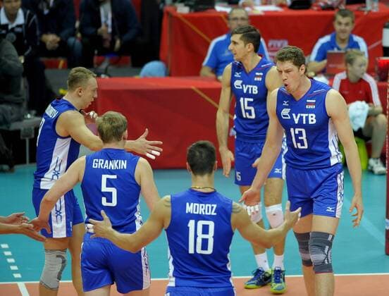 MS 2014 Germany vs Russia FIVB Volleyball Men s World Championship Poland 2014. Germany vs. Russia on September 13, 2014 in Katowice, Poland. In the picture: Team Russia 5 Sergey Grankin 13 Dmitriy Muserskiy 18 Pavel Moroz 15 Dmitriy Ilinykh  EN_01145166_0011