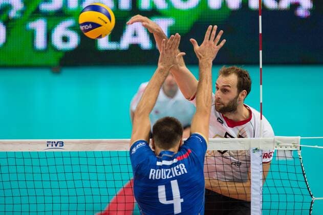 16.09.2014, Spodek, Kattowitz Volleyball, FIVB Volleyball Men s World Championship 2014, 3. Runde, Deutschland (GER) vs. Frankreich (FRA) Block Antonin Rouzier ( 4 FRA) - Angriff Dirk Westphal ( 7 GER)