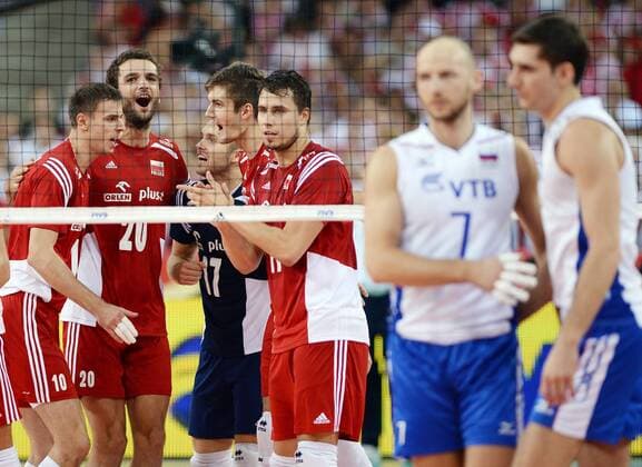 Lodz, Polen - Russland Jubel EMOCJE MARIUSZ WLAZLY MATEUSZ MIKA PAWEL ZATORSKI KAROL KLOS FABIAN DRZYZGA NIKOLAJ PAWLOW (NIKOLAY PAVLOV)  20140918LUK045