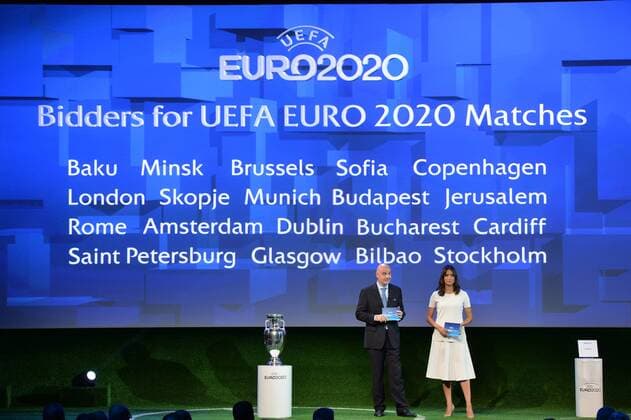 - GENEVA, SWITZERLAND: Illustration shows the names of the candidates cities on a giant screen at the announce of the thirteen countries who will organise the soccer European championship in 2020, on the day of the UEFA Host Announcement, in Geneva, Switzerland, Friday 19 September 2014. ERICxLALMAND  Aufmacher premiumd 19091416