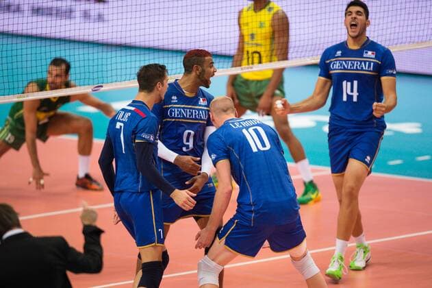 20.09.2014, Spodek, Kattowitz Volleyball, FIVB Volleyball Men s World Championship 2014, Halbfinale, Brasilien (BRA) vs. Frankreich (FRA) Jubel Kevin Tillie ( 7 FRA), Earvin Ngapeth ( 9 FRA), Kevin Le Roux ( 10 FRA), Nicolas Le Goff ( 14 FRA)