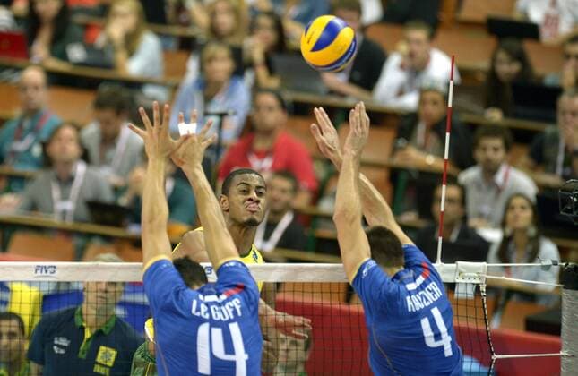 FIVB Volleyball Men s World Championship Poland 2014. France vs Brazil on September 20, 2014 in Katowice, Poland. In the picture: 10 Ricardo Lucarelli Santos De Souza 14 Nicolas Le Goff 4 Antonin Rouzier  EN_01146139_0031