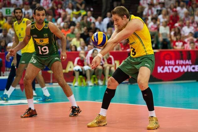 20.09.2014, Spodek, Kattowitz Volleyball, FIVB Volleyball Men s World Championship 2014, Halbfinale, Brasilien (BRA) vs. Frankreich (FRA) Annahme Murilo Endres ( 8 BRA)