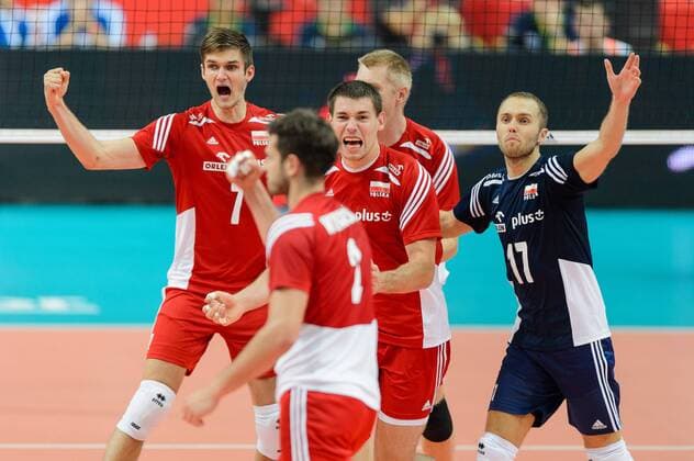 20.09.2014 - Katowice , Spodek, FIVB Men s World Championship, Semifinal - Germany (gold) - Poland (red) -- Karol Klos , Michal Winiarski , Dawid Konarski , Pawel Zatorski  140920PAL110