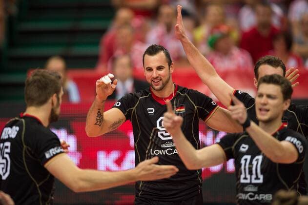 21.09.2014, Spodek, Kattowitz Volleyball, FIVB Volleyball Men s World Championship 2014, Spiel Platz 3 4, Deutschland (GER) vs. Polen (POL) Jubel Tim Broshog ( 15 GER), Georg György Gyoergy Grozer ( 9 GER), Lukas Kampa ( 11 GER), Denis Kaliberda ( 6 GER)