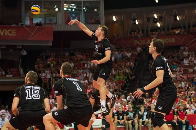 21.09.2014, Spodek, Kattowitz Volleyball, FIVB Volleyball Men s World Championship 2014, Spiel Platz 3 4, Deutschland (GER) vs. Frankreich (FRA) Angriff Denis Kaliberda ( 6 GER)