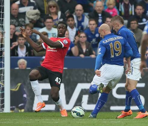 Esteban Cambiasso of Leicester City scores a goal to make the score 3-3 - Barclays Premier League - Leicester City vs Manchester Utd - King Power Stadium - Leicester - England - 21st September 2014 - Picture Simon Bellis Sportimage EDITORIAL USE ONLY. No use with unauthorised audio, video, data, fixture lists, club league logos or live services. Online in-match use limited to 120 images, no video emulation. No use in betting, games or single club league player publications.