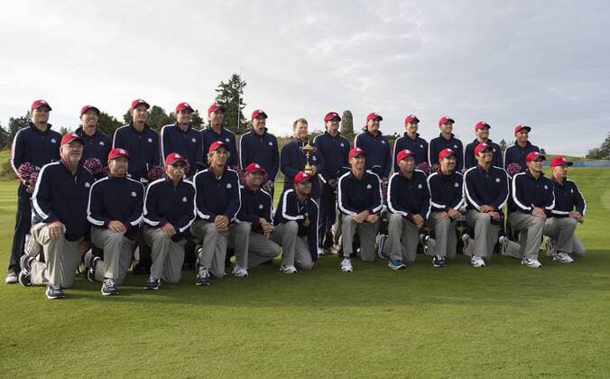 23.09.2014. Gleneagles, Auchterarder, Perthshire, Scotland. The Ryder Cup. The USA team and their caddies during the offcial photshoot. Rickie Fowler, Jim Furyk, Zach Johnson, Matt Kuchar, Phil Mickelson, Patrick Reed, Jordan Spieth, Jimmy Walker, Bubba Watson, Keegan Bradley, Hunter Mahan and Webb Simpson xStephenxBartholomewx ActionPlus11562799