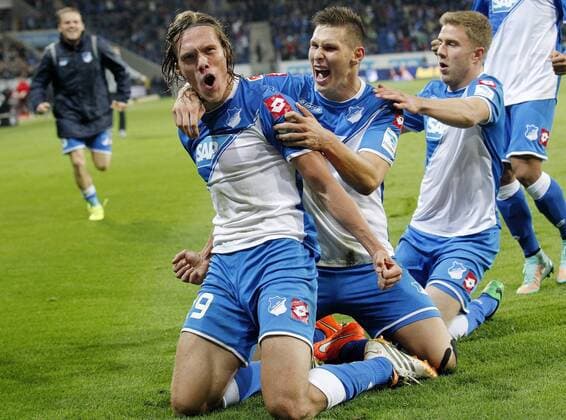 Torjubel 3:3 Ausgleich für Hoffenheim, V.li. Torschütze Jannik Vestergaard , Niklas Süle (1899), Sven Schipplock (1899) . 1899 Hoffenheim-SC Freiburg . Sinsheim, GER, 23.09.2014,5. Spieltag Fussball-Bundesliga 2014-2015.