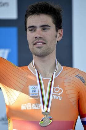 PONFERRADA, SPAIN: Dutch Tom Dumoulin celebrates on the podium after the men s elite individual time trial race at the UCI World Cycling championships in Ponferrada, Spain, Wednesday 24 September 2014. DIRKxWAEM  premiumd 19091881