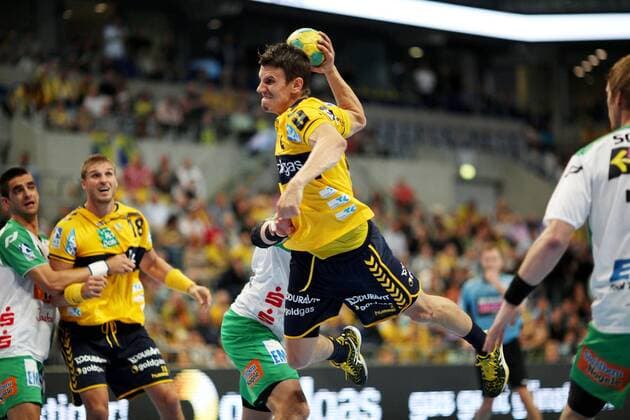 Andy Schmid (Rhein Neckar Löwen) beim Wurf Rhein Neckar Löwen vs. Frisch Auf Göppingen, Handball, 1. Handball Bundesliga, 24.09.2014 , EP_MBR