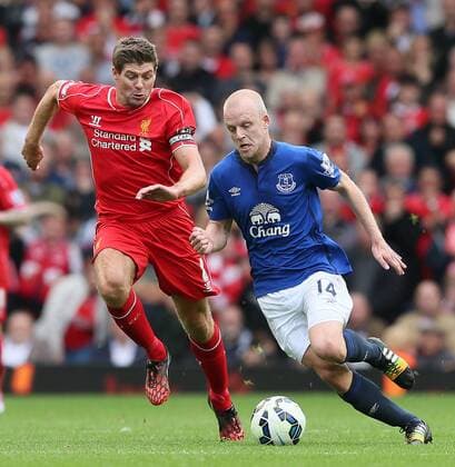 Steven Gerrard of Liverpool tussles with Steven Gerrard of Liverpool - Barclays Premier League - Liverpool vs Everton - Anfield Stadium - Liverpool - England - 27th September 2014 - Picture Simon Bellis Sportimage EDITORIAL USE ONLY. No use with unauthorised audio, video, data, fixture lists, club league logos or live services. Online in-match use limited to 120 images, no video emulation. No use in betting, games or single club league player publications.