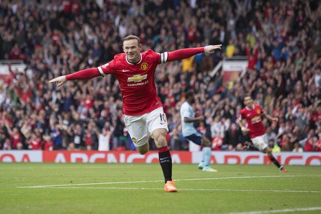 Wayne Rooney of Manchester United celebrates his opening goal - Manchester United vs. West Ham United - Barclay s Premier League - Old Trafford - Manchester - 27 09 2014 Pic Philip Oldham Sportimage EDITORIAL USE ONLY. No use with unauthorised audio, video, data, fixture lists, club league logos or live services. Online in-match use limited to 120 images, no video emulation. No use in betting, games or single club league player publications.