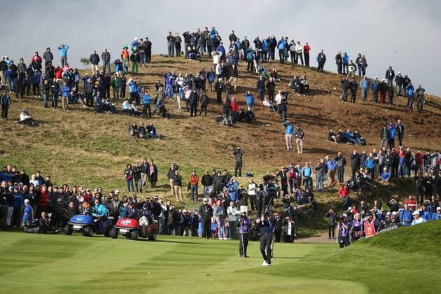USA s Jimmy Walker plays a fairway shot in the morning fourball match against Europe s Rory McIlroy ( Mc Ilroy ) and Ian Poulter on the second day of the 2014 Ryder Cup in Gleneagles,Scotland on September 27, 2014.The match was halved.  LON2014092608A
