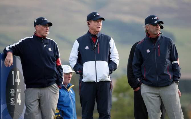 USA s captain Tom Watson and his support staff watches his team on the second day of the 2014 Ryder Cup in Gleneagles,Scotland on September 27, 2014.  LON2014092751