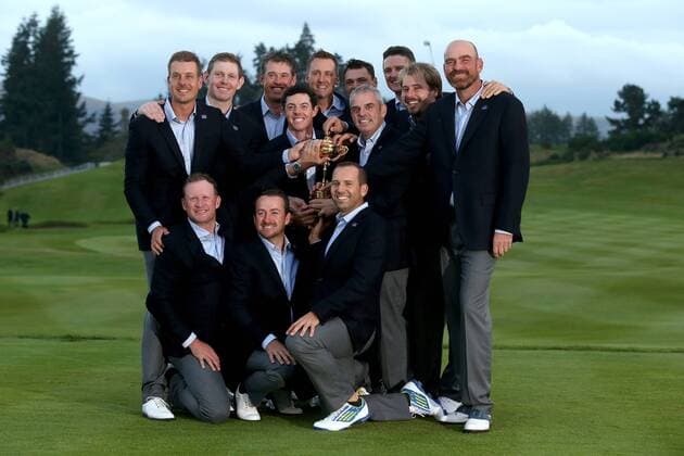 GOLF - PGA, Ryder Cup 2014 PERTHSHIRE,SCOTLAND,28.SEP.14 - GOLF - PGA Golf Herren Tour, Ryder Cup, Auchterarder Golf Club. Image shows the European team. Keywords: trophy. 