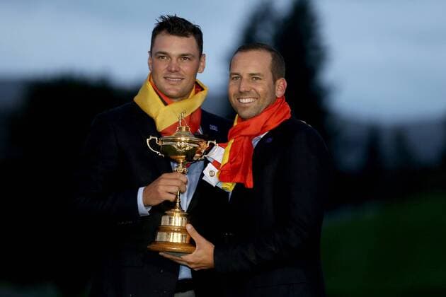 GOLF - PGA, Ryder Cup 2014 PERTHSHIRE,SCOTLAND,28.SEP.14 - GOLF - PGA Golf Herren Tour, Ryder Cup, Auchterarder Golf Club, award ceremony. Image shows Martin Kaymer (GER) and Sergio Garcia (ESP). Keywords: trophy. 