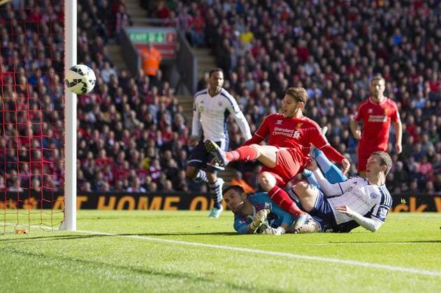 West Brom s Ben Foster and Craig Gardner combine to keep out Adam Lallana of Liverpool - Liverpool vs. West Bromwich Albion - Barclay s Premier League - Anfield - Liverpool - 04 10 2014 Pic Philip Oldham Sportimage EDITORIAL USE ONLY. No use with unauthorised audio, video, data, fixture lists, club league logos or live services. Online in-match use limited to 120 images, no video emulation. No use in betting, games or single club league player publications.